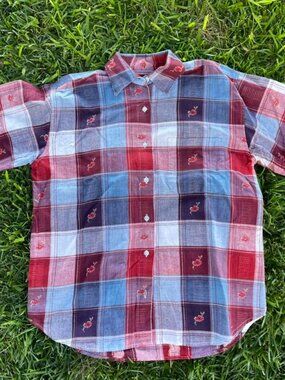 Women’s Red and Blue Cottage Core Button up With Floral Embroidery